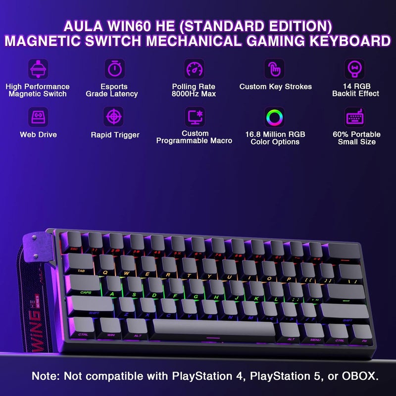 CORBOBO Aula WIN60 HE - 60% Mechanical Gaming Keyboard Wired, Magnetic Switch Hot Swappable, Adjustable Actuation Rapid Trigger Mode, 8000 Hz Polling Rate, RGB Small Keyboard 60 Percent Compact Design for PC - Image 2